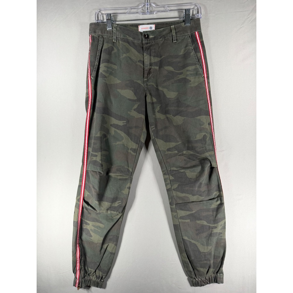 Sundry Camo Jogger Pants Womens 25 Green Camouflage Red Stripe Zip Ankle Cotton